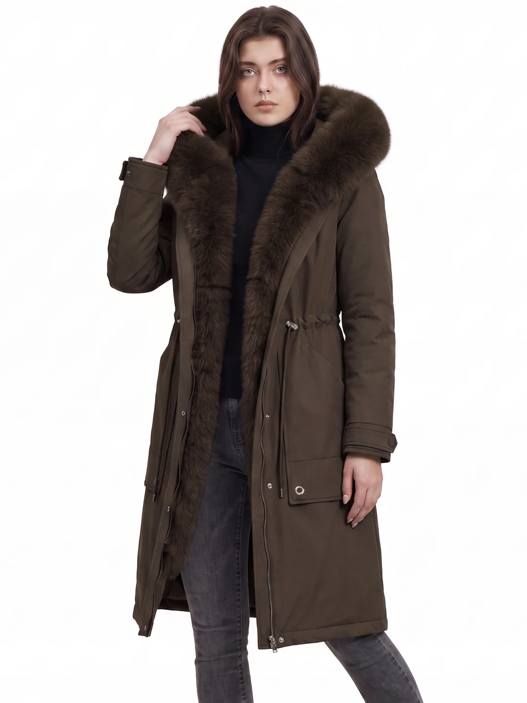 Thickened Fleece Women's Parka Coat with Big Fur Collar Double-Sided Wear Warm Waist-Cinching Cotton Jacket for Winter