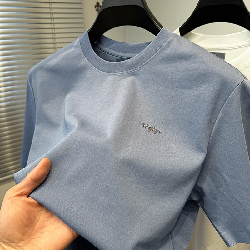 

Luxury fashion brand short sleeve T-shirt 2025 summer new men's silk cotton comfortable exquisite embossed design round neck top