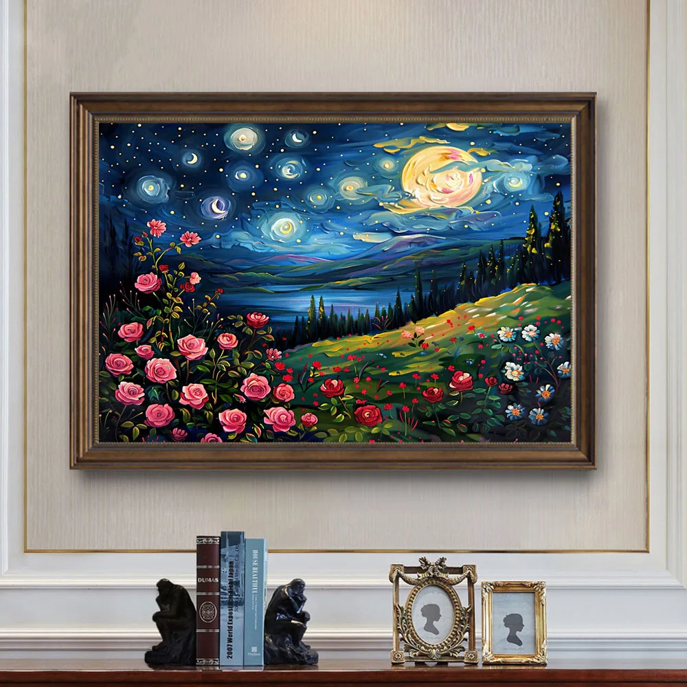 Cross Stitch Embroidery Kit Roses Under The Stars Flower Thread Drawing DIY Needlework Kit Quantity Printed on Canvas11CT