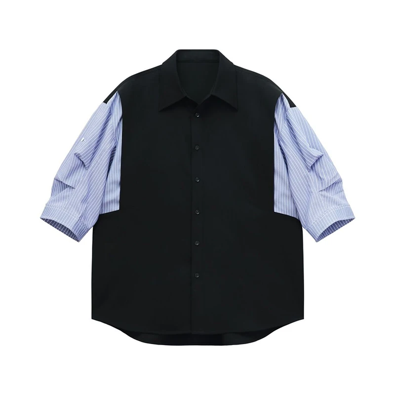 Summer Men Spliced Hit Color Striped Short Sleeve Shirt Korean Fashion Business Casual Blouse Tops Black White Banquet Interview