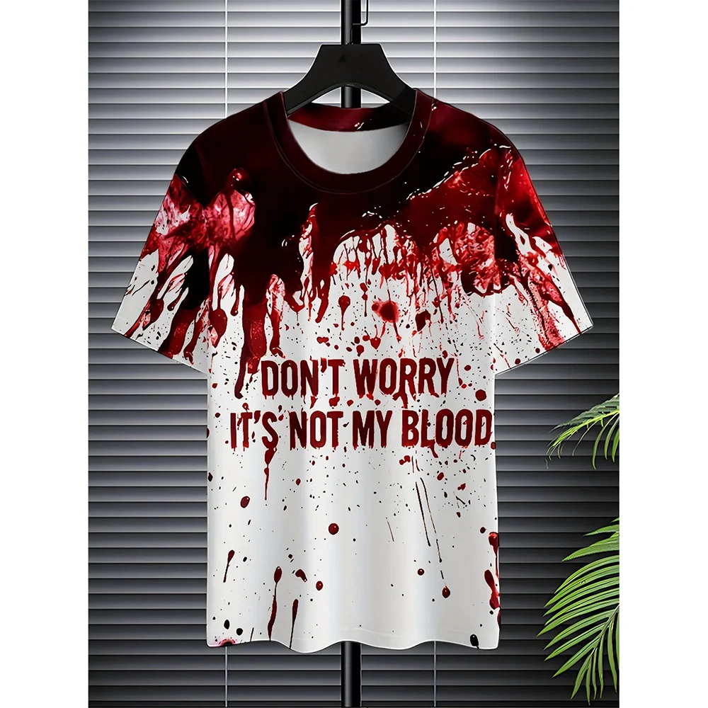 3D Print Halloween Horror Bloodstain Patterns T-shirt For Men Women Fun Holiday Slogans Text Red And White Short Sleeve Tee Top