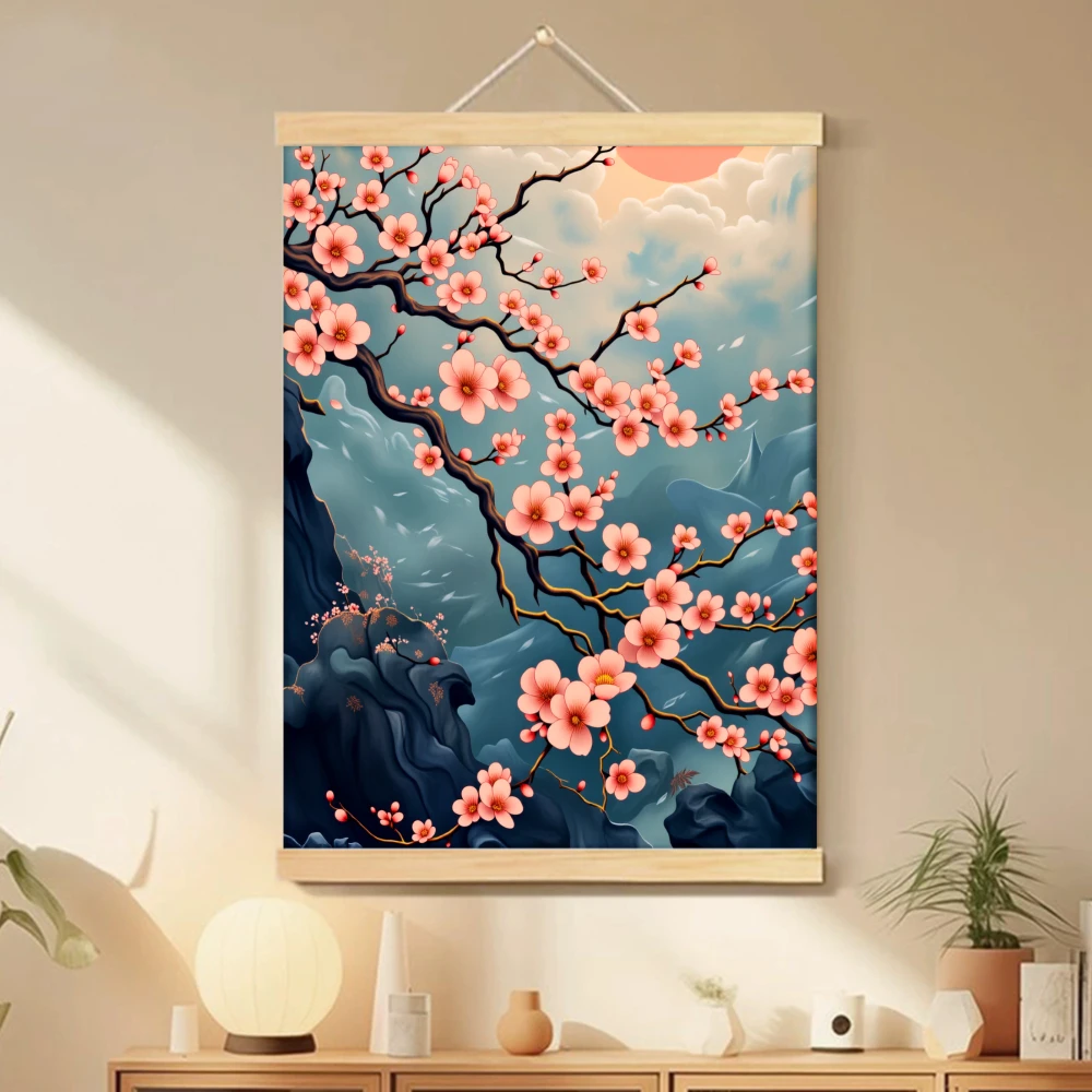 1pcs Extra Large Scroll Hanging Canvas Painting Poster Prints Japanese-Inspired Cherry Blossom Floral Art Pink Sakura Blooms