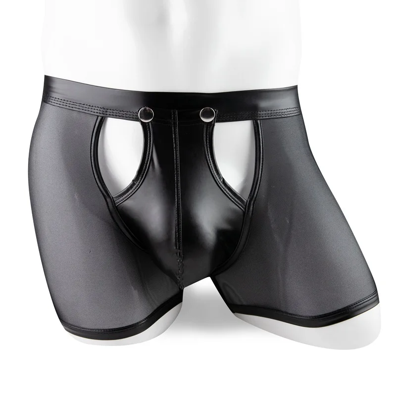 Calzoncillos bóxer de malla transparente para hombre, ropa interior de piel sintética con hebilla desmontable, Cueca