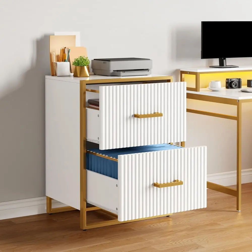 White and Gold 2-Drawer Lateral Home Office File Cabinet