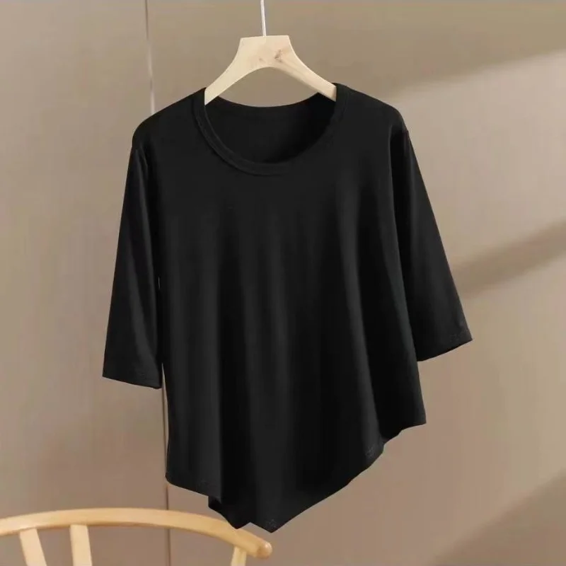 

Asymmetrical Loose T Shirts Summer New Half Sleeve Solid Color All-match Irregular Casual Tops Vintage Trend Women Clothing