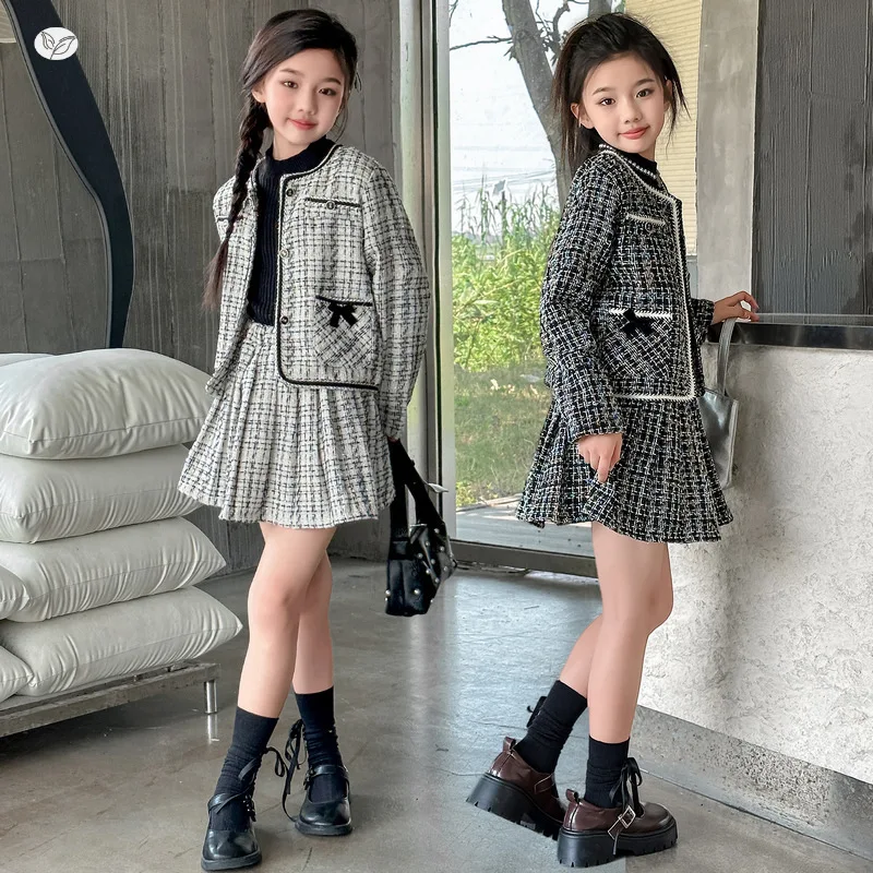 French Design Teenager Girls Skirts Clothes Sets Round neck jacket+Pleated skirt 2pcs fashion junior kid suit child outfits 4-14