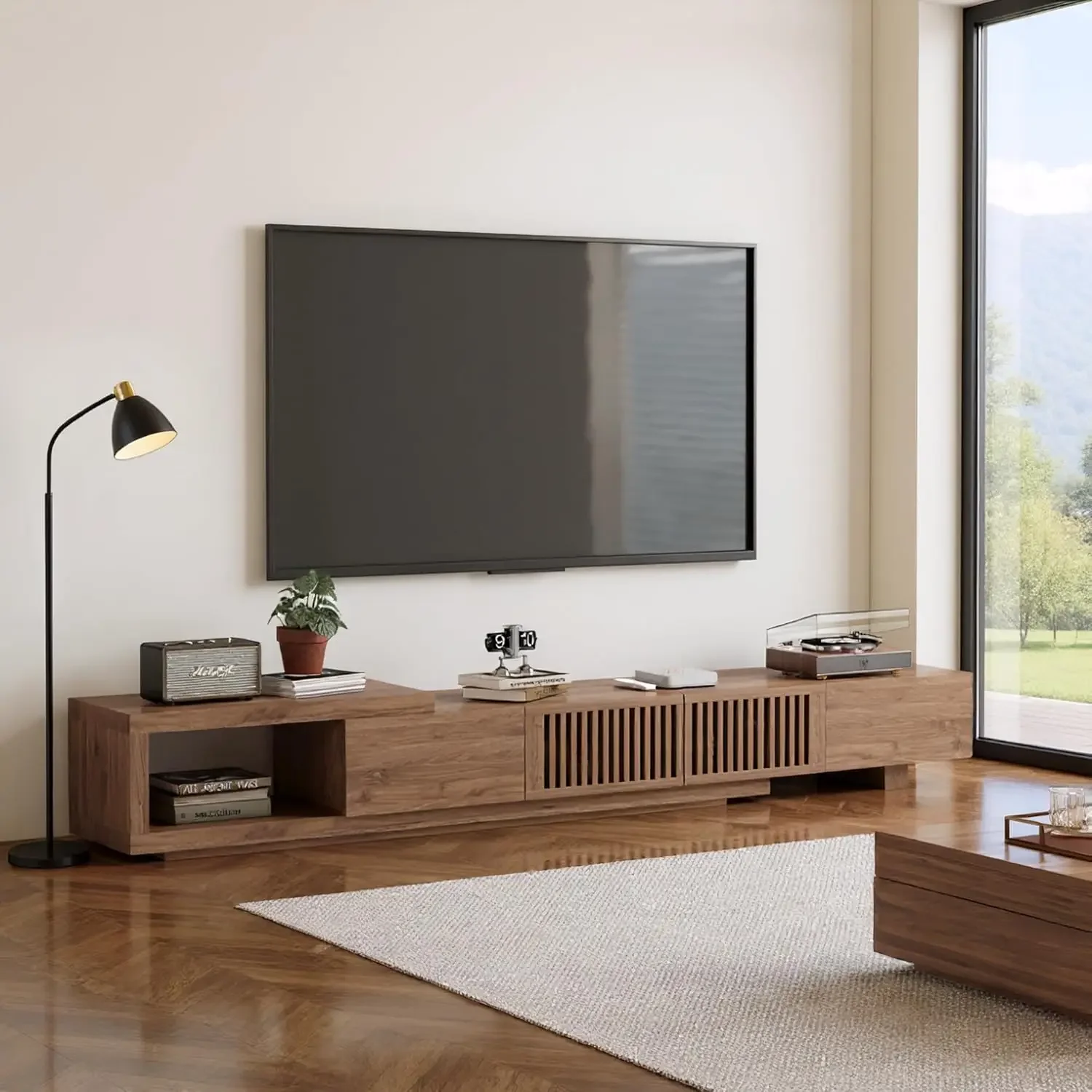 

Тумба под телевизор в стиле Mid-Century Modern с раскладными секциями и створками-жалюзи, 78-103 дюйма, из орехового дерева, с выдвижными ящиками и открытыми полками, на заказ