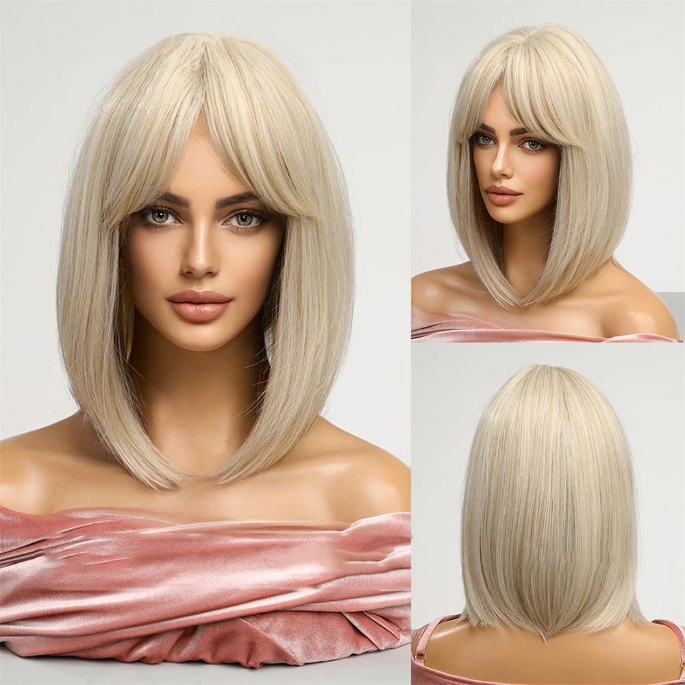 

14inch Blonde Highlight Black Brown Bob Wig with Bangs Synthetic Short Straight Hair Wigs for Afro Women Heat Resistant Cosplay