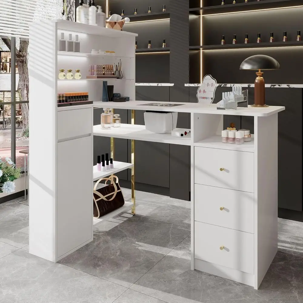 

L-Shaped Nail Tech Desk with Dust Collector, Drawers, Storage Shelves and Cabinet, Manicure Salon Table with LED Light, Beauty M