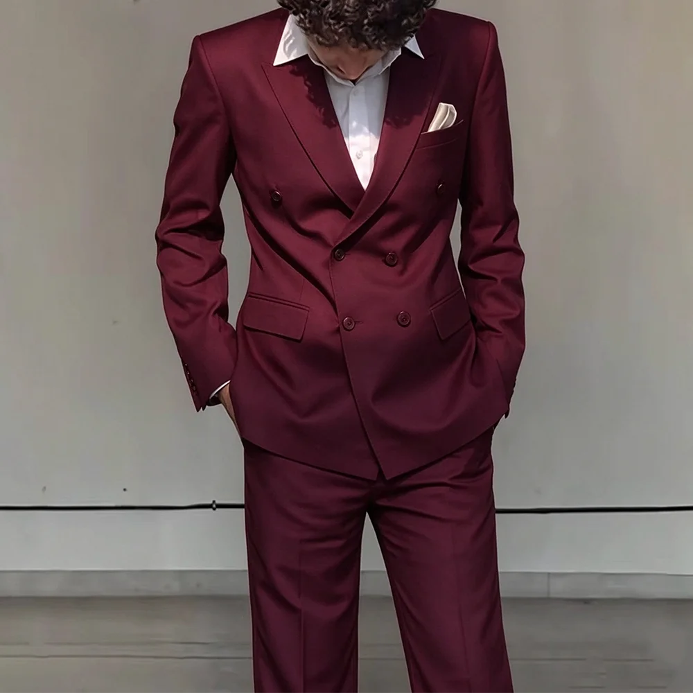 Men Beige Double Breasted 2 Piece Suit Set Slim Fit Blazer Flat Front Trousers Luxury Gentleman Groom Outfit Formal Wear