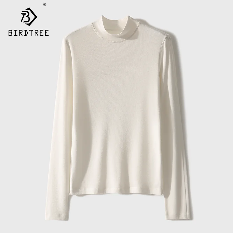 BirdTree-Soft Women 2024 Bottom Clothes, 10%Goat Cashmere, Mock Neck, Basics OL Solid Knit Tops, Autumn Winter T-Shirt T49009QM