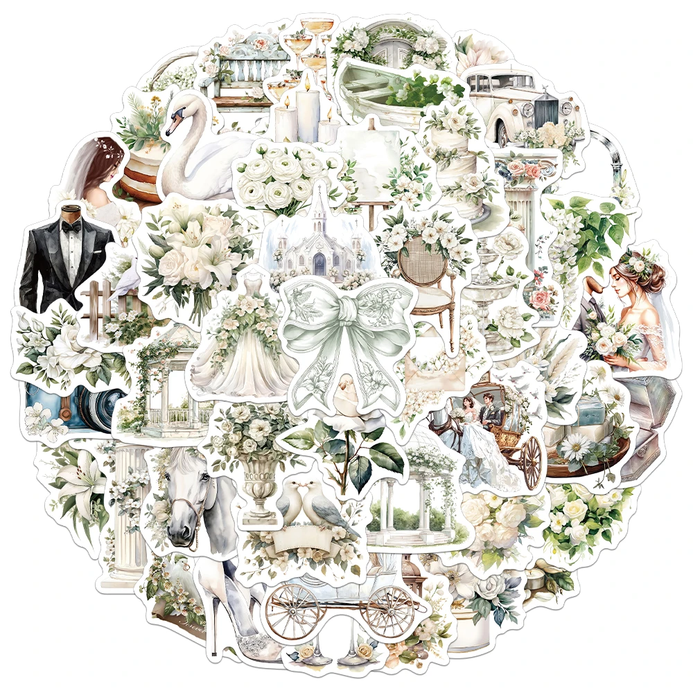 50PCS Creative Retro Flower White Wedding Stickers for Journaling Decorative Materials Notebook DIY Personalized Decals