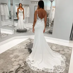 Backless Mermaid Wedding Dresses Ivory V-Neck Long Bride Dress Applique Sweep Train Dresses For Women 2025 Robe De Mariee