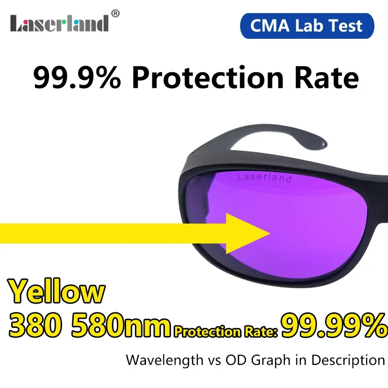 Gafas de protección láser T10, 190nm-380nm, 570nm-600nm, UV, amarillo, OD4 +