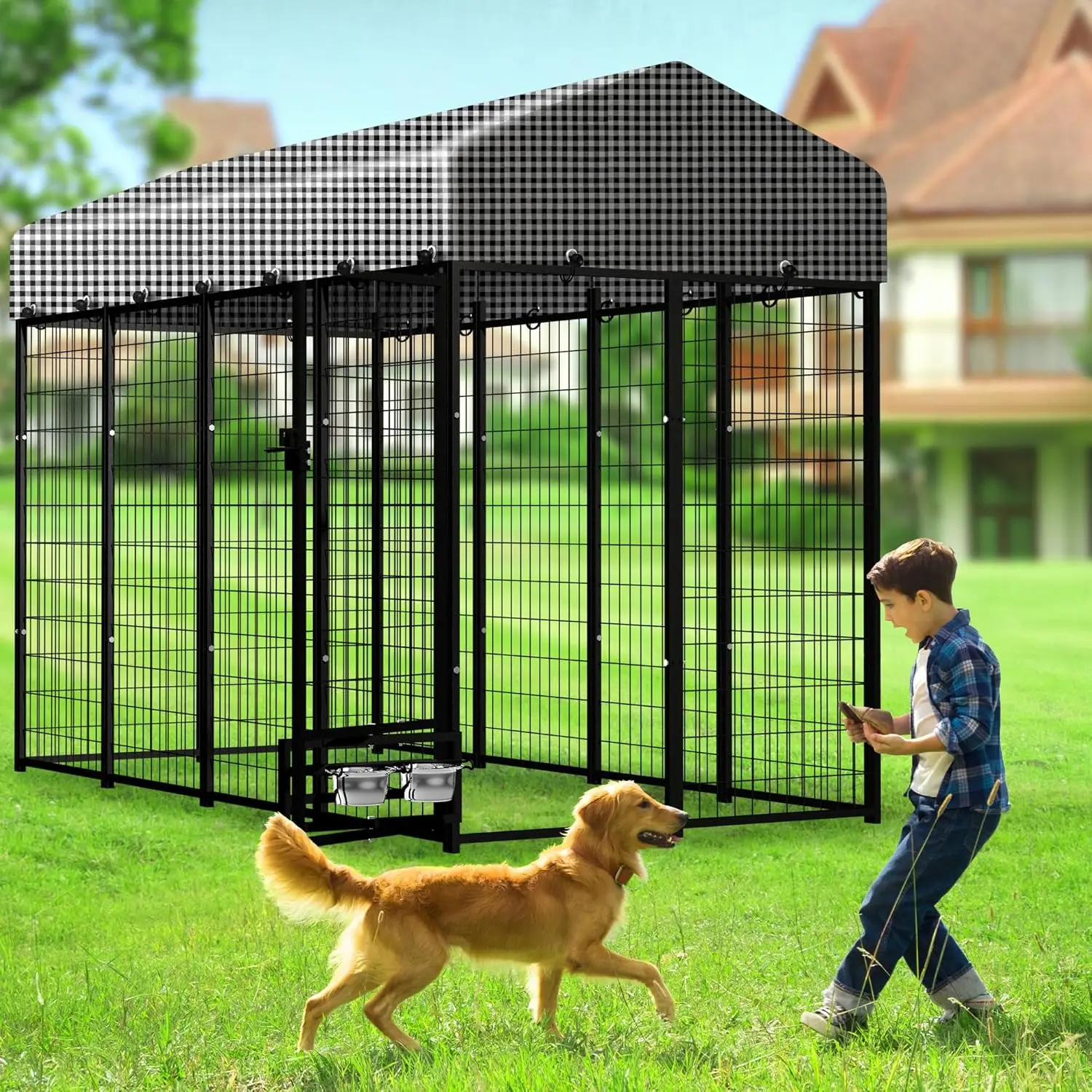 Outdoor Dog Run with Feeding Door - Large Kennel for Your Furry Friend - 8'L x 4'W x 6'H dog kennel