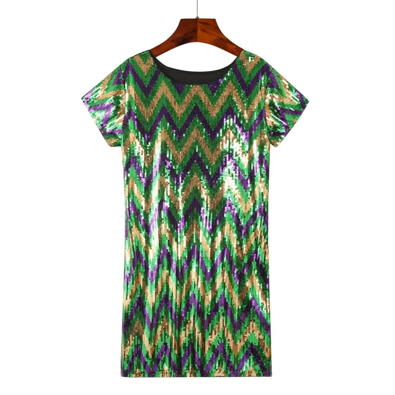 

New Summer And Autumn Sequins Plaid Patchwork Color Streetwear Short Sleeve T-Shirt Summer Hip Hop Loose Night Club Women's Tops