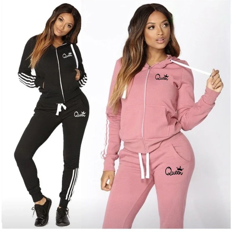 Fashion Women\'s Hot Long-sleeved Sweater Trousers 2PCS Sportswear Spring Fall Tracksuits Print QUEEN Hooded Joggers Sports Sets