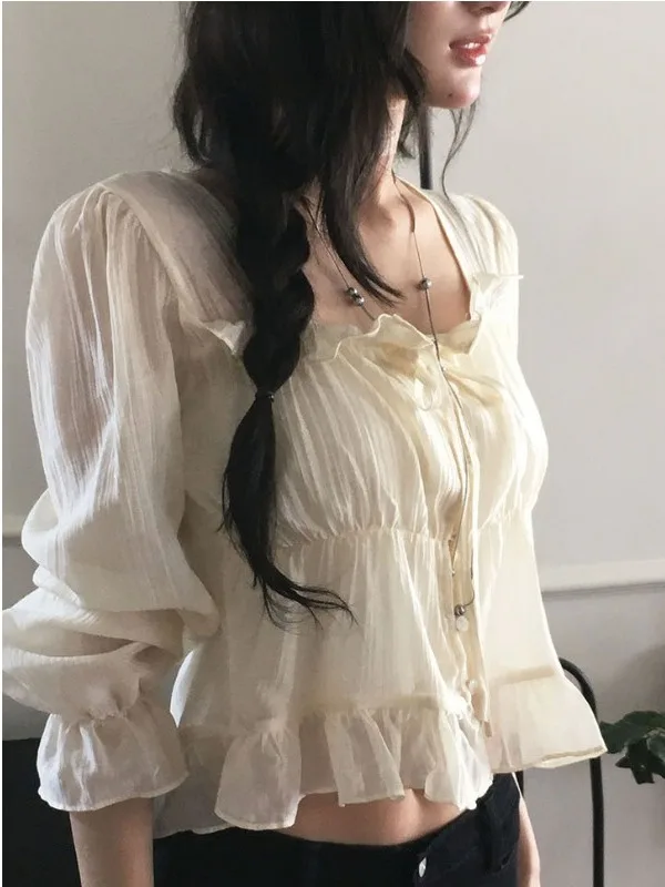 Chic Short Shirt Women's Sweet College Style Fairy Tale Earlet Pleated Korean Style V-neck Long Sleeve Thin Material Pure Color