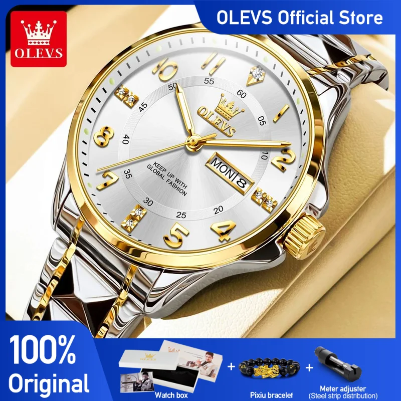 OLEVS Men\'s Watches Classic Business Original Quartz Watch for Man Stainless Steel Luminous Waterproof Calendar Arabic Numeral