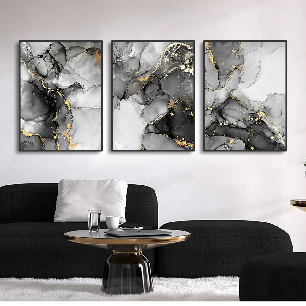 3PCS Frameless Abstract Black and White Gold Marble Art Canvas Painting Wall Decor Pictures for Living Room Home Decor Poster