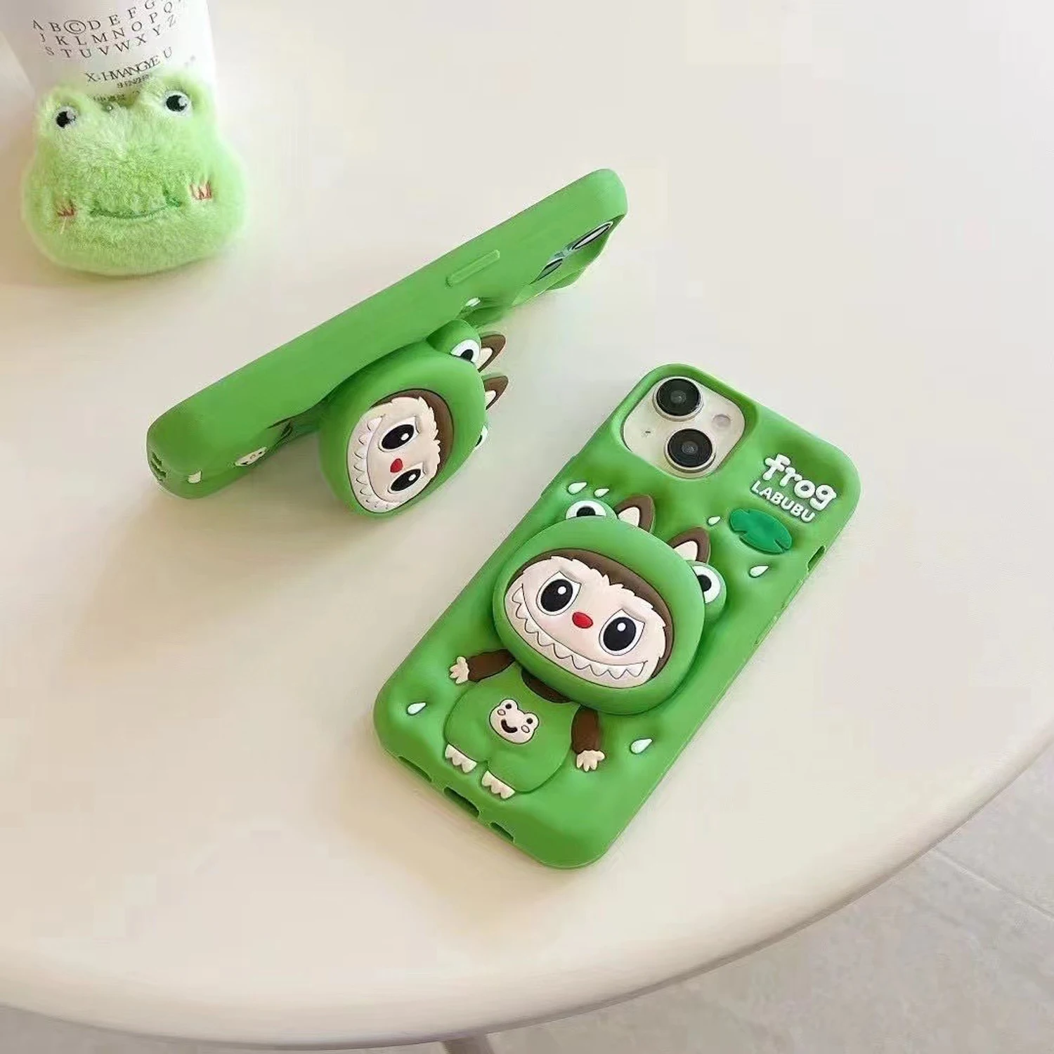 

3D Cute Green Frog With Telescopic Bracket for iPhone 12 13 14 15 16 Pro Max, Phone Soft Silicone Case Stand Back Cover Skin