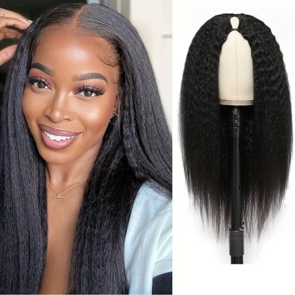 

Kinky Straight UV Part Wigs For Women No Leave Out Brazilian Remy Human Hair Wigs For Women 180 Density Clip in Half Wig No Glue