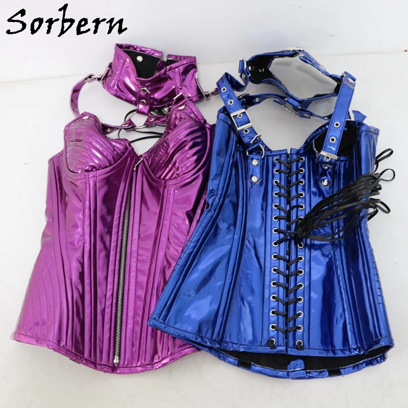 Sorbern Customized Metallic Full Bust Corset Steel Bone Women Corset With Neck Rivets Eyelet Holes Lace Up Back Sm Corsets