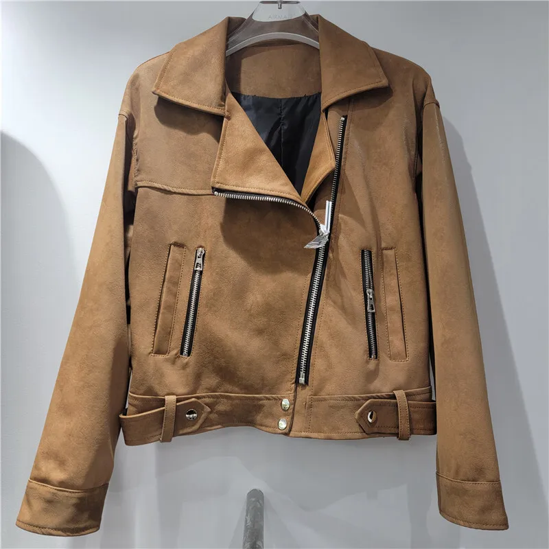 WTHT Vintage Mode Damen PU Leder Motorrad Kurze Jacke 2025, Sommer Trendy Lange Ärmel Zipper Mantel Weiblich 1LS2124