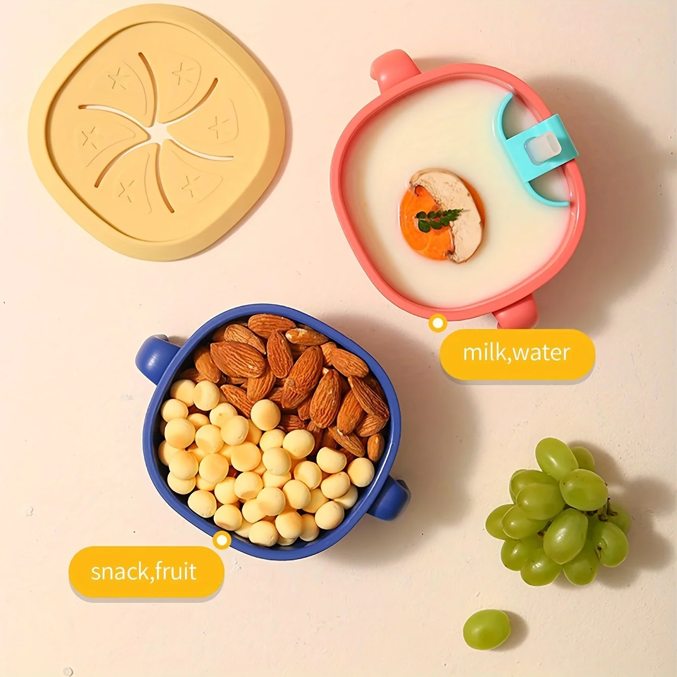 3-in-1 Baby Snack Bowl with Silicone Straw,Cover&Detachable Suction,Kids Soup Bowl with Handle, Portable Handle Cup for Outdoor
