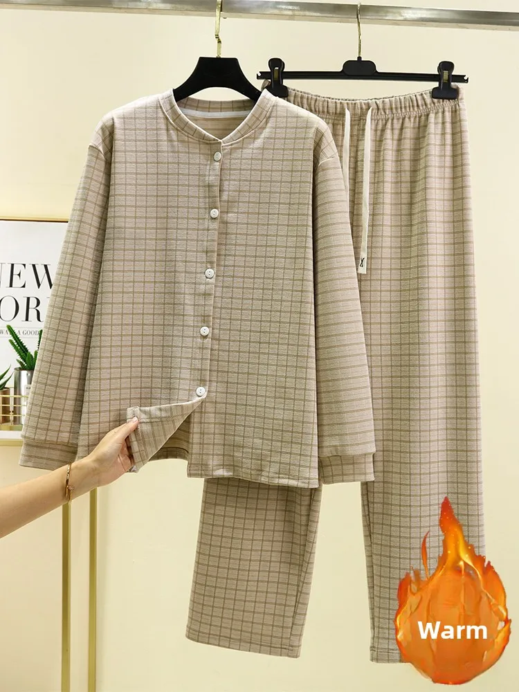 Thickened Fleece Home Clothes Set round Neck Open Cardigan Long Pants Two Piece Set Large Size Fleece Lined Warm Sleepwear