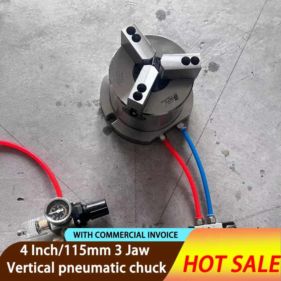 

4-дюймовый полый пневматический патрон, 3-кулачковый мощный воздушный патрон через отверстие 15 мм, вертикальный для сверления, фрезерного станка, полный набор