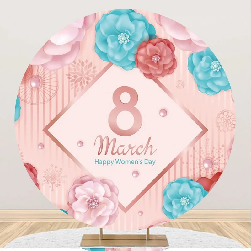 Womens Day Backdrop Round Cover Pink 8 March Decoration Party Paper Flower Photo Backgrounds for Photography Fabric Cloth Circle