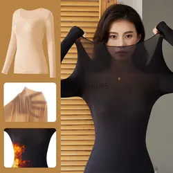 2pcs Set Women Thermal Underwear Long Sleeves Bottoming Shirt Pullover Elastic Casual Solid Winter Ladies Basic Thermal Suits