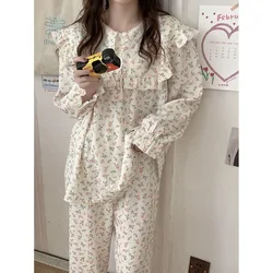 Floral Print Women Pajama Suit Fashion Ruffles Sleepwear Autumn Long Sleeve Sets for Women 2 Pieces Korean Piiama Pants 2023 New