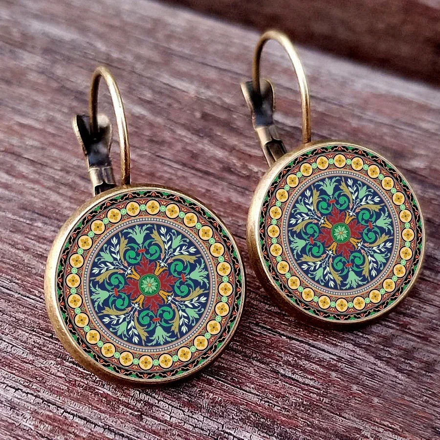 Ancient pattern grotto art glass dome round pendant earrings for women, mysterious vintage pattern earrings for women\'s gifts