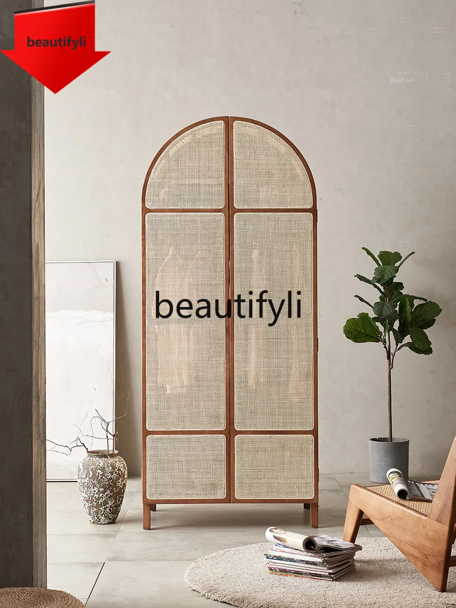 

H50 Japanese Style Solid Wood Rattan Wardrobe for Home Bedroom Cherry Wood Color Nordic Arch Retro Style Rattan Wardrobe