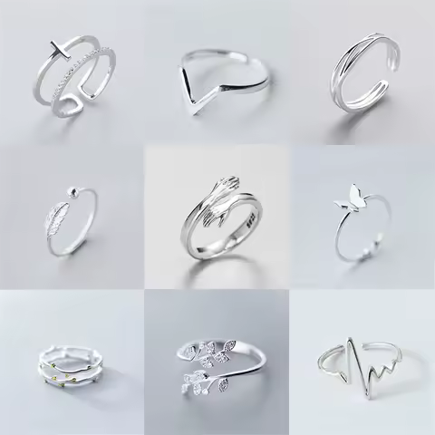 Minimalist Geometric Silver Color Finger Rings For Women Fashion Hug Leaf Flower Branch Feather Cross Opening Ring Party Jewelry