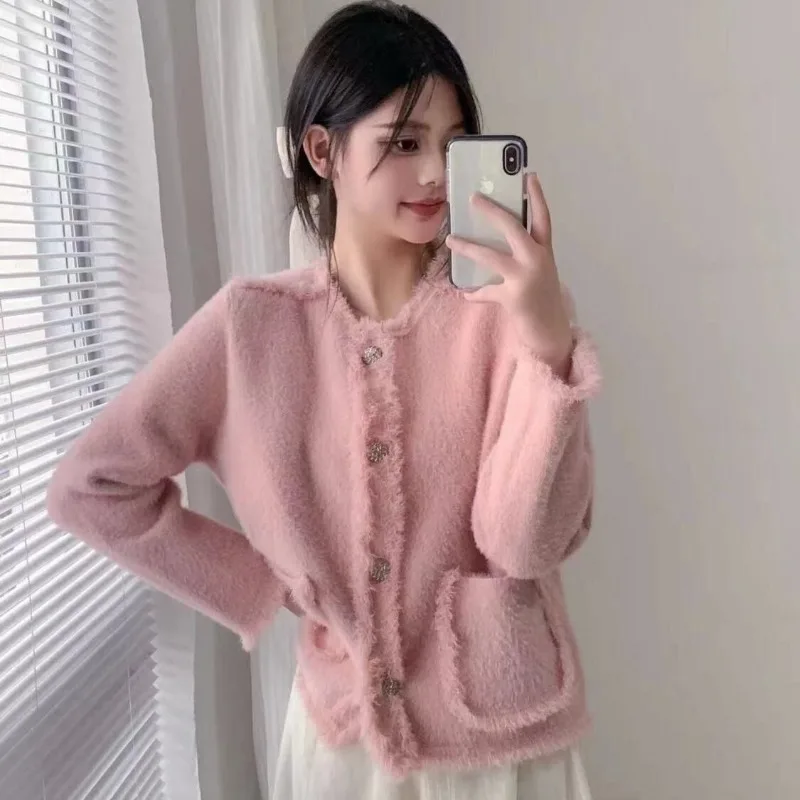 Women Autumn Winter Elegant Temperament Solid Color Knitwear Tops Ladies Simplicity Office Lady Knitting Cardigan Coat Sweater