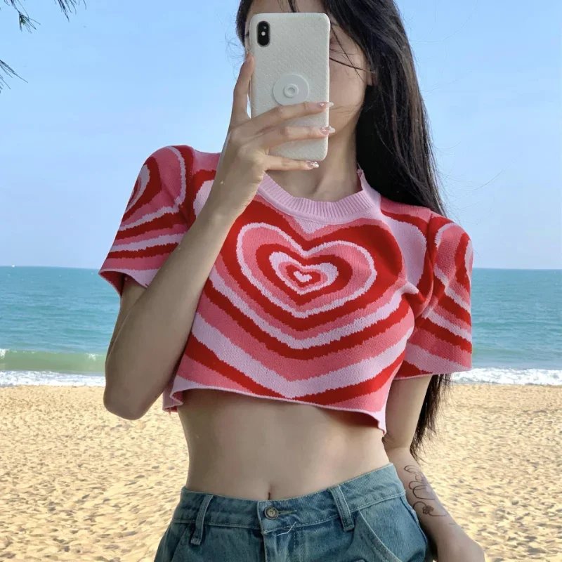 Fashion Knitted Tops Women Korean Style Summer Short Sleeve Love Shape Cute Jumper Spicy Girl Round Neck Sexy Crop Tops Pullover