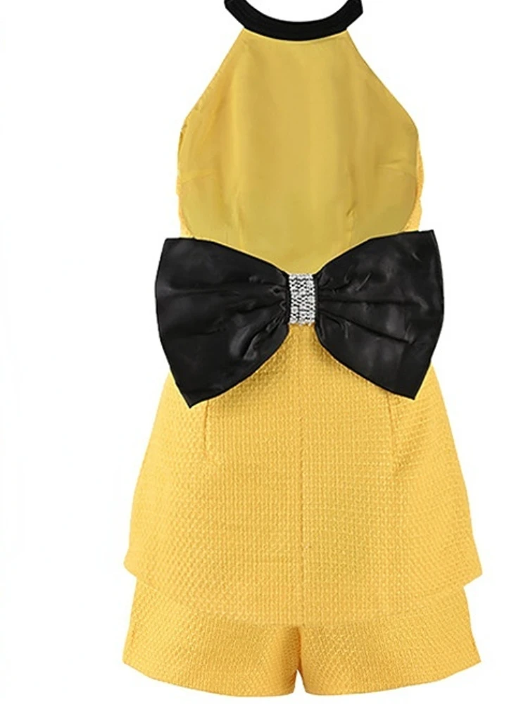 Aoi Fashion Vintage Hanging Neck Dress donna estate di alta qualità Y2k Vestidos giallo Backless Bow Top + Shorts elegante Set da 2 pezzi