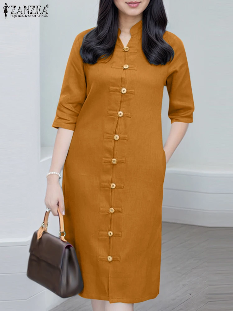 Elegante abito a metà polpaccio Vintage tinta unita vestito estivo estivo Stand Neck Robe 2025 ZANZEA Casual OL bottoni da lavoro manica 3/4 Vestido