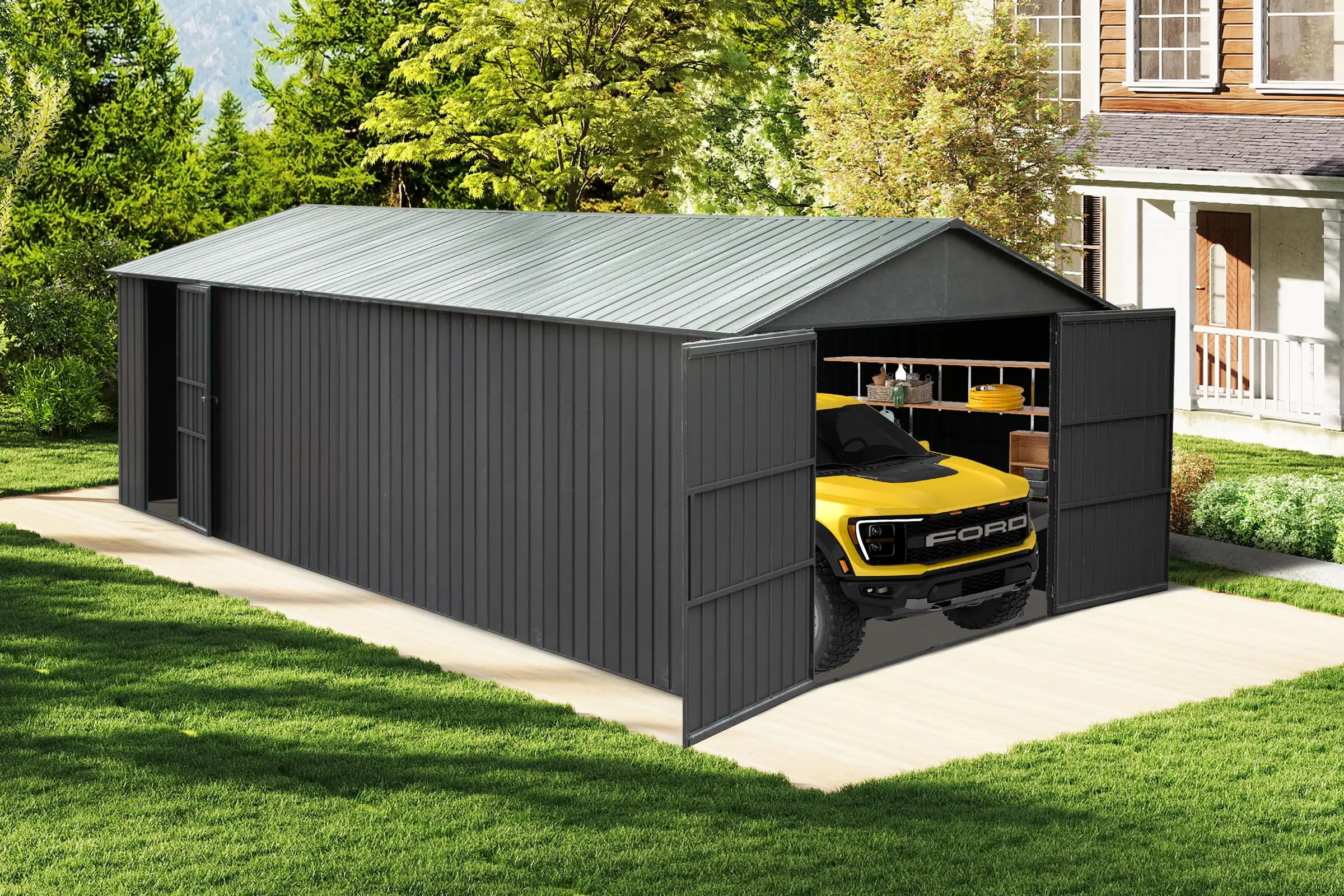 ！@12x20FT Outdoor Metal Garage Canopy Carport Lockable Double Hinged Doors Heavy Duty Shelter for Car Motorcycle Lawn