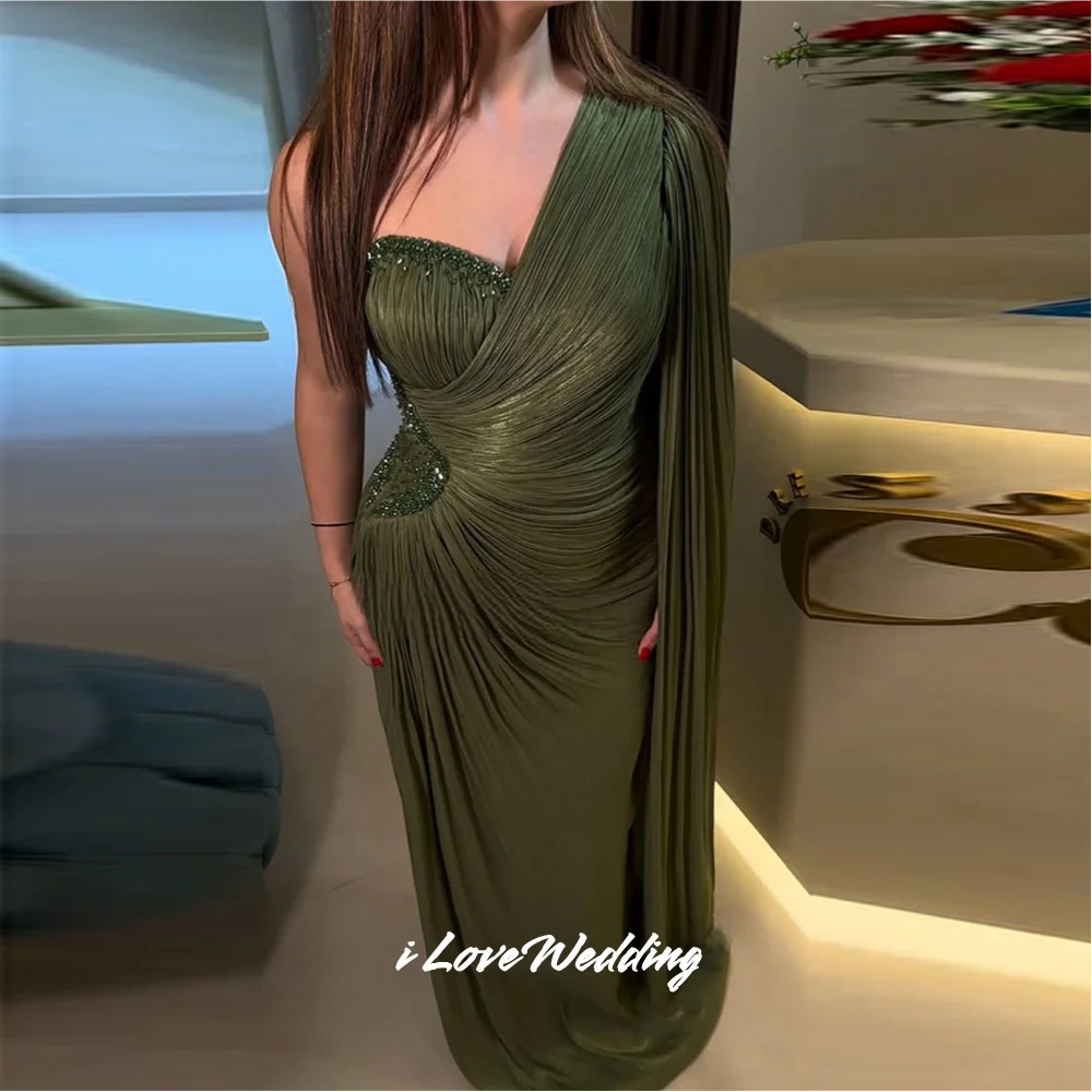 Green One Shoulder Prom Dresses Beaded Shawl Mermaid 2026 Saudi Arabia Ruched Floor-Length Pleated Bespoke Occasion Gown Custom