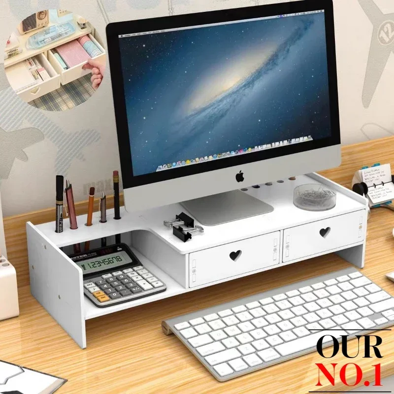 Desktop Added Elevated with Drawers Office Monitor Stand Student Desk Storage Shelf Dormitory Laptop Rack Stationery Organizer