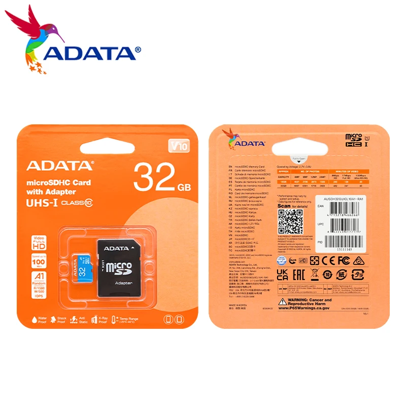 Tarjeta microSD original ADATA A1 V10 de 32GB, 64GB, 128GB, 256GB, Clase 10, UHS-I, 100MB/s, tarjeta de memoria TF con adaptador para teléfono y tableta