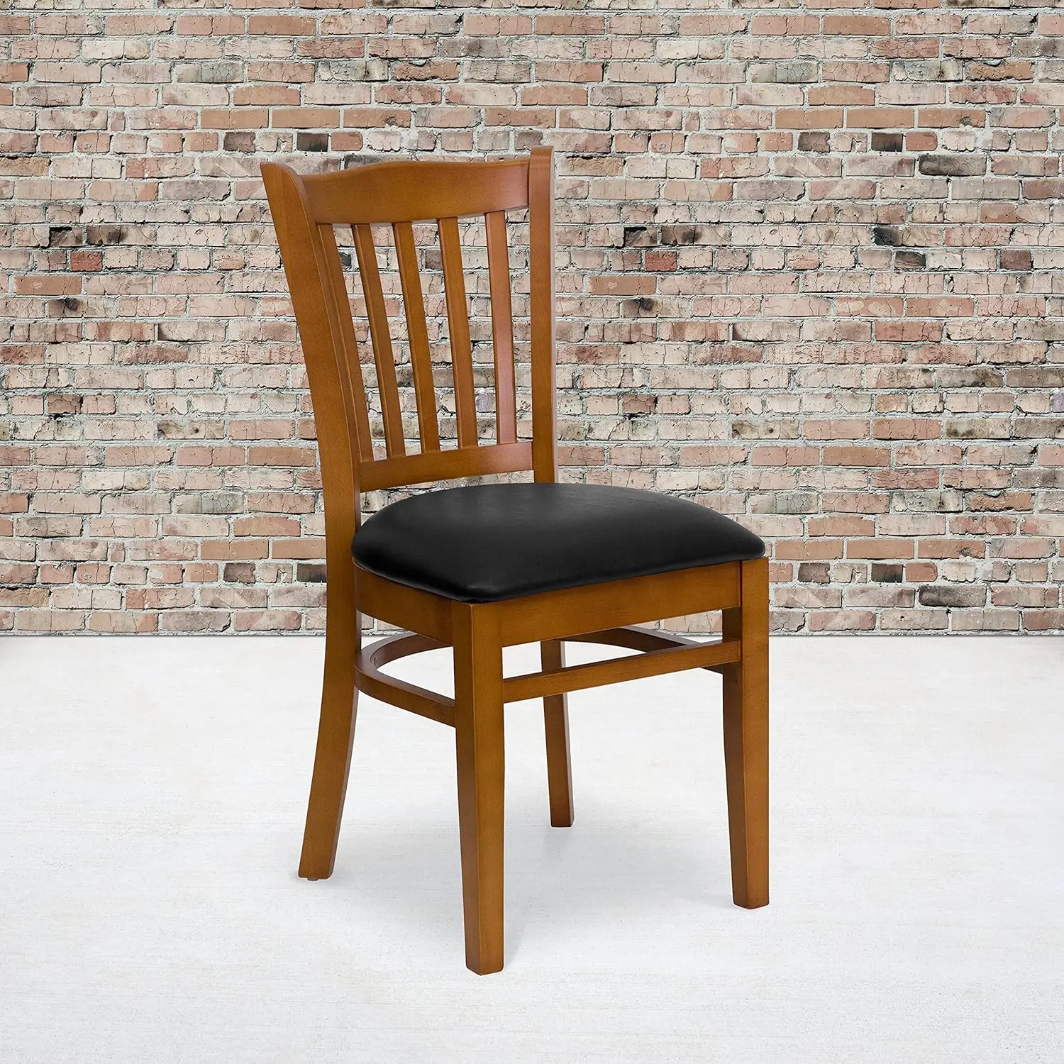 Furniture Series Vertical Slat Back Cherry Wood Restaurant Chair - Black Vinyl Seat