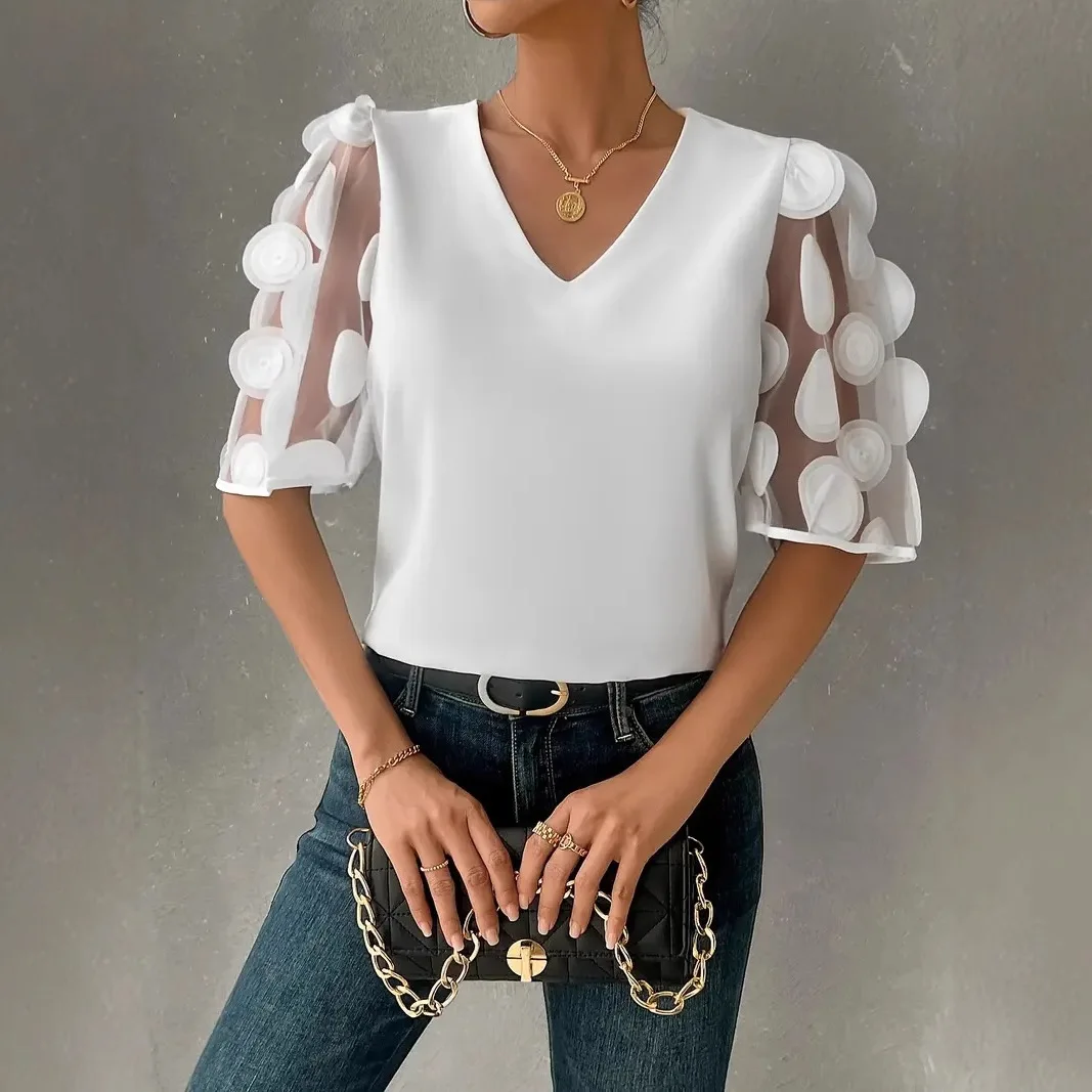 

Women’s Elegant and Casual Office Shirt Women Fashion Solid Color Short Sleeve V-Neck Hollow Out Blouse Tops