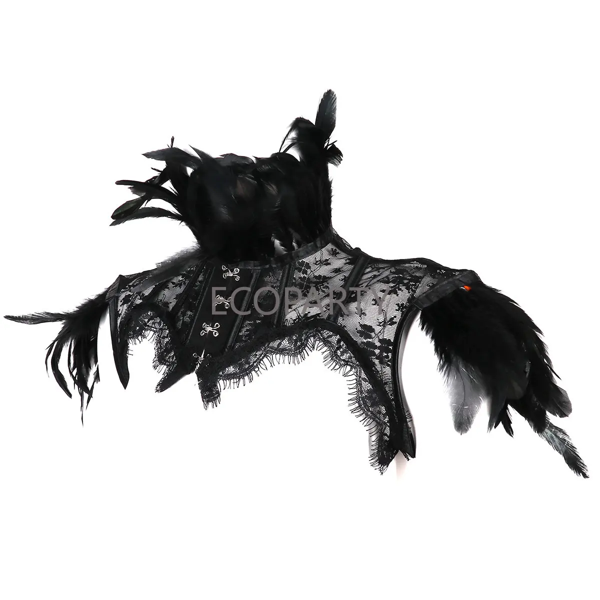 Retro Vintage Punk Gothic Feather Collar ramię koronkowa peleryna Bolero kurtka wzruszając ramionami topy impreza z okazji Halloween Goth kostium wrony dla kobiet