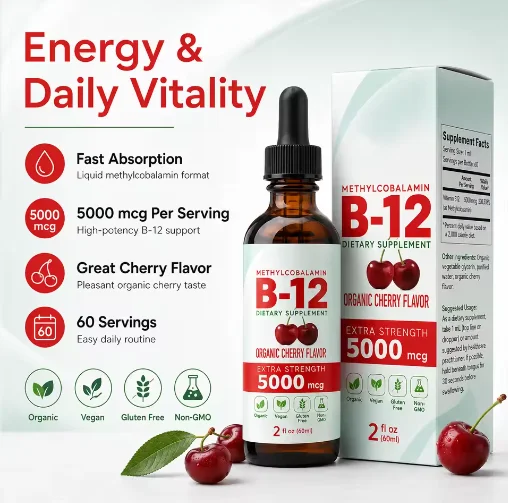 Vitamin B12 Drops 5000mcg Methylcobalamin Liquid Sublingual Supplement Cherry Flavor Vegan Sugar Free Daily Nutrition 60ml