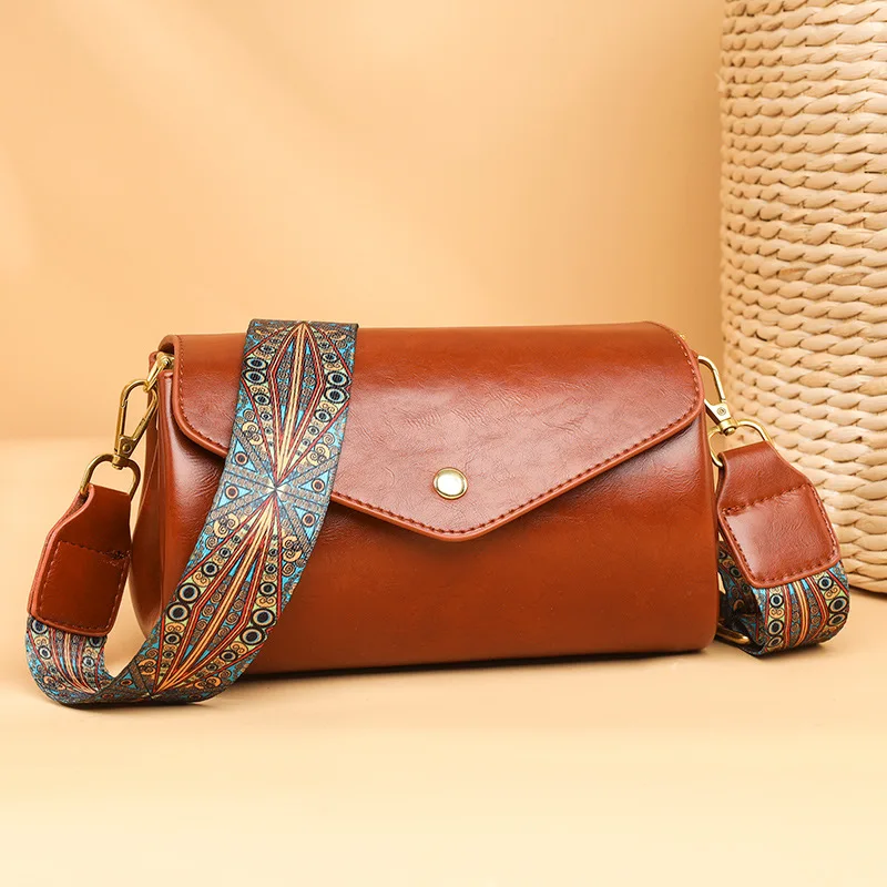 

New Luxury Leisure Simple High Quality PU Leather Women's Small Wide Strap Cross Bag Vintage Flap Square Shoulder Bag